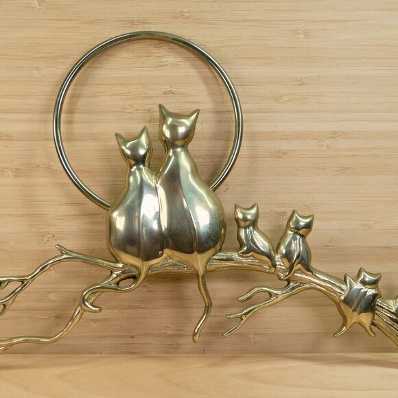 Vintage Brass Cat Family on Branch Wall Hanging / Cats Under Moon Wall Plaque - Picture 1 of 8